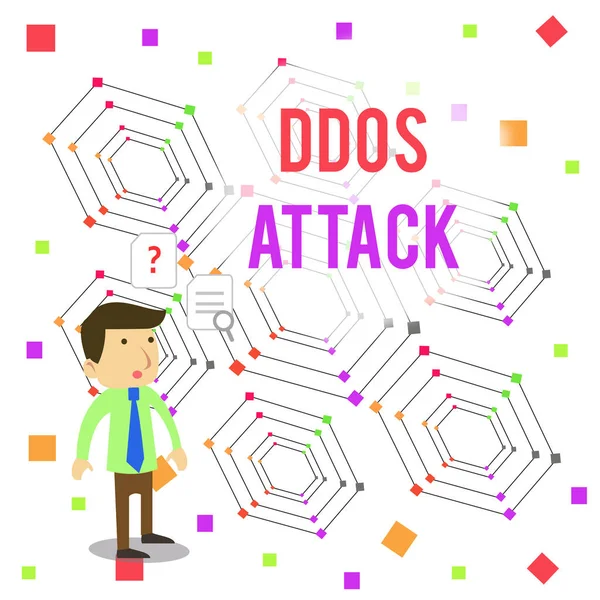 Texto de escritura de palabras Ddos Attack. Concepto de negocio para el perpetrador busca hacer que el recurso de red no esté disponible Joven Hombre de negocios Trabajador de oficina de pie Solución de problemas de búsqueda . — Foto de Stock