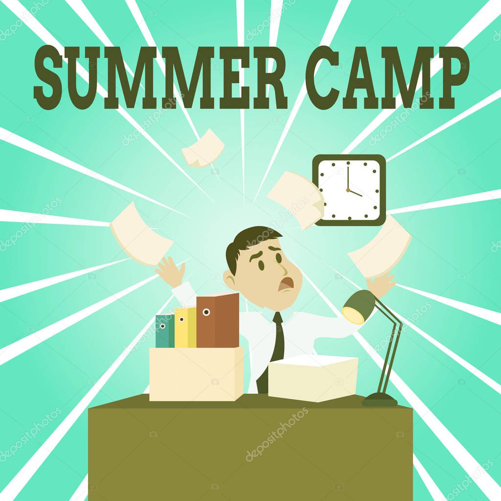 Text sign showing Summer Camp. Conceptual photo Supervised program for kids and teenagers during summertime. Confused Male Employee Manager Cluttered Workspace Overflow Time Shortage.