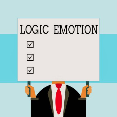 Mantık Duygu gösteren not yazma. İş fotoğraf tatsız duygular vitrine Self Respect Makul Mind Sadece adam göğüs giyinmiş koyu takım elbise kravat büyük dikdörtgen tutan döndü.