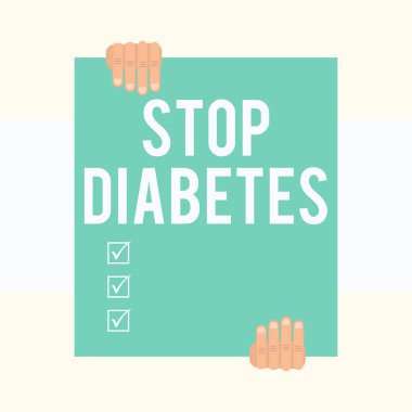 Diyabeti Durdur'u gösteren bir not yazıyorum. Kan Şekeri Düzeyi vitrine İş fotoğraf normalden daha yüksek İnsülin İki el geometrik arka plan aşağı büyük boş dikdörtgen tutan.