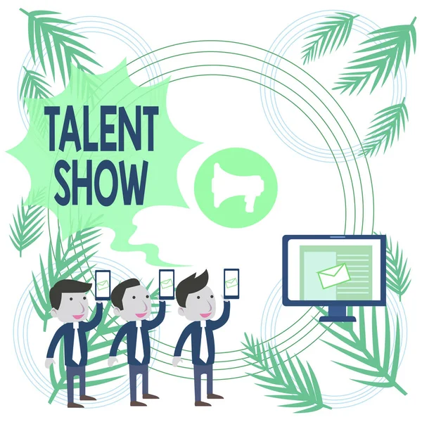 Text sign showing Talent Show. Conceptual photo Competition of entertainers show casting their perforanalysisces SMS Email Marketing Media Audience Attraction Personal Computer Loudspeaker. — Stock Photo, Image