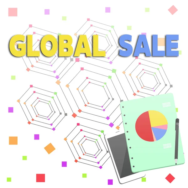 Word writing text Global Sale. Business concept for analysisagers operations for companies do business internationally Layout Smartphone Off Ballpoint Pen RingBound Notepad Business Pie Chart.