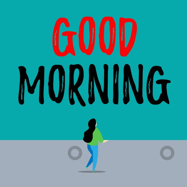 Handwriting text writing Good Morning. Concept meaning A conventional expression at meeting or parting in the morning Back view young long hair woman holding big blank square announcement. — Stock Photo, Image
