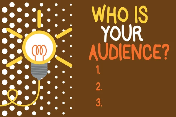 Word writing text Who Is Your Audience Question. Business concept for who is watching or listening to it Big idea light bulb. Successful turning idea invention innovation. Startup.