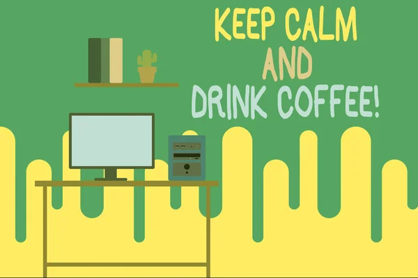 Writing note showing Keep Calm And Drink Coffee. Business photo showcasing encourage demonstrating to enjoy caffeine drink and relax Desktop computer with wooden table shelf books flower pot. — Stock Photo, Image