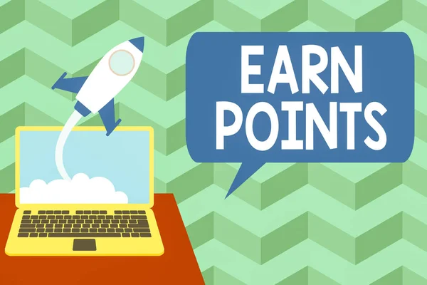 Writing note showing Earn Points. Business photo showcasing getting praise or approval for something you have done Successful rocket launching laptop background Startup grow.