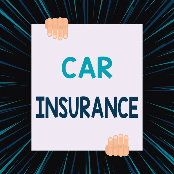 Handwriting text writing Car Insurance. Concept meaning Accidents coverage Comprehensive Policy Motor Vehicle Guaranty Two hands holding big blank rectangle up down Geometrical background design. — Stock Photo, Image