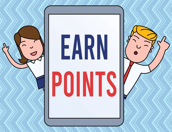 Writing note showing Earn Points. Business photo showcasing getting praise or approval for something you have done Male and Female Index Fingers Up Touch Screen Tablet Smartphone Device.