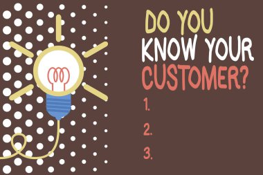 Word writing text Do You Know Your Customer Question. Business concept for service identify clients with relevant information Big idea light bulb. Successful turning idea invention innovation. Startup clipart