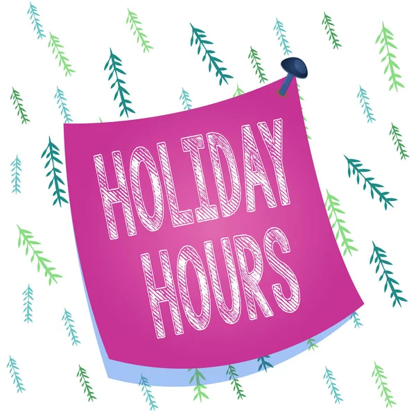 Handwriting text Holiday Hours. Concept meaning employee receives twice their normal pay for all hours Curved reminder paper memo nailed colorful surface stuck blank pin frame. — Stock Photo, Image