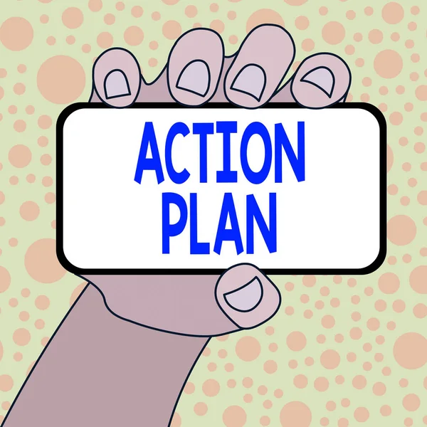 Writing note showing Action Plan. Business photo showcasing detailed plan outlining actions needed to reach goals or vision Closeup of Smartphone in Hand with Blank Screen and Text Space.