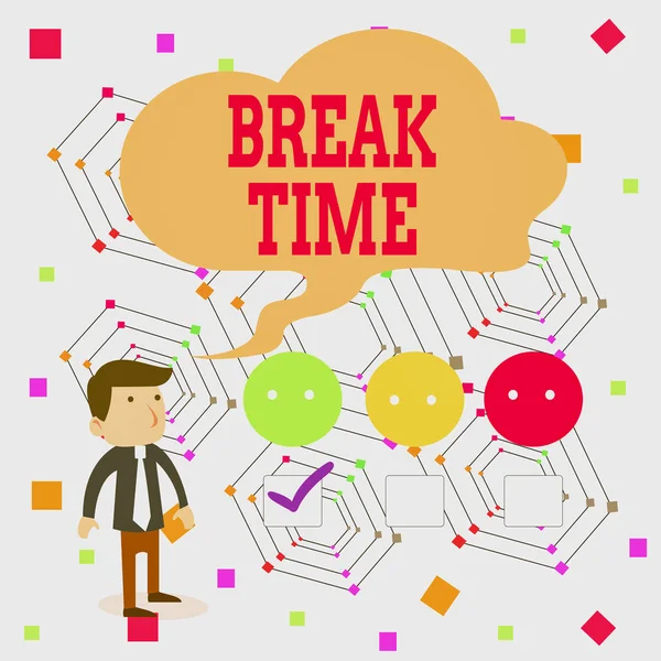 Scrivere un testo Break Time. Concetto significato Periodo di riposo o ricreazione dopo aver fatto di alcuni lavoro Bianco Maschio Questionario Scelta Lista di controllo Soddisfazione Verde Tick . — Foto Stock