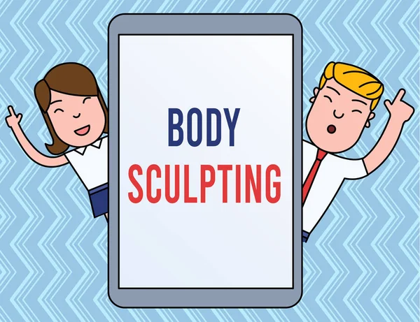Writing note showing Body Sculpting. Business photo showcasing activity of increasing the body s is visible muscle tone Male and Female Index Fingers Up Touch Screen Tablet Smartphone Device.