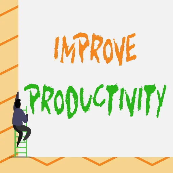 Conceptual hand writing showing Improve Productivity. Business photo text to increase the machine and process efficiency One Male climb up the tall high wall use short ladder stairway.