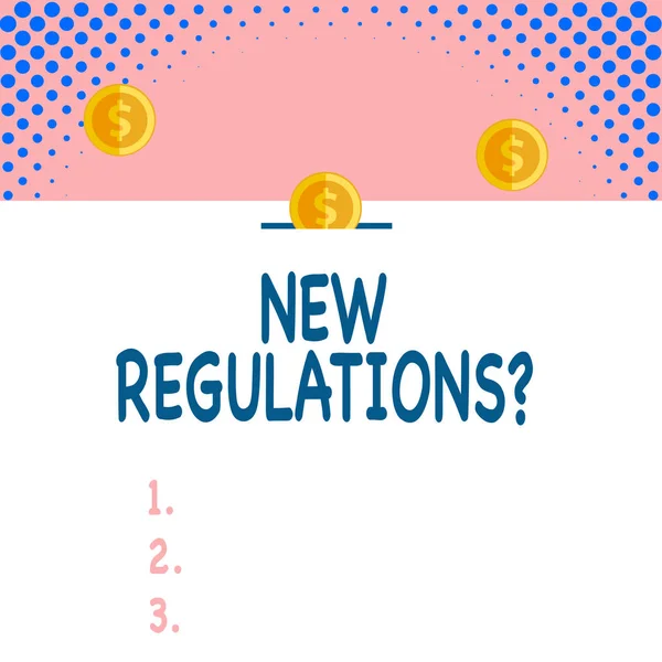 Handwriting text New Regulations Question. Concept meaning rules made government order control way something is done Front view close up three penny coins icon one entering collecting box slot.