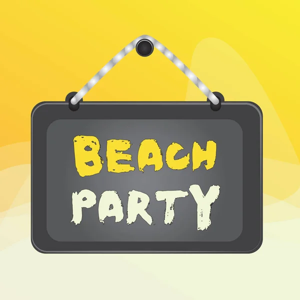 Writing note showing Beach Party. Business photo showcasing small or big festival held on sea shores usually wearing bikini Board fixed nail frame colored background rectangle panel.