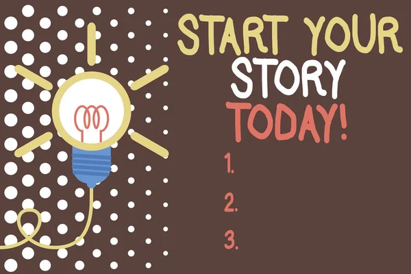 Word writing text Start Your Story Today. Business concept for work hard on yourself and begin from this moment Big idea light bulb. Successful turning idea invention innovation. Startup.