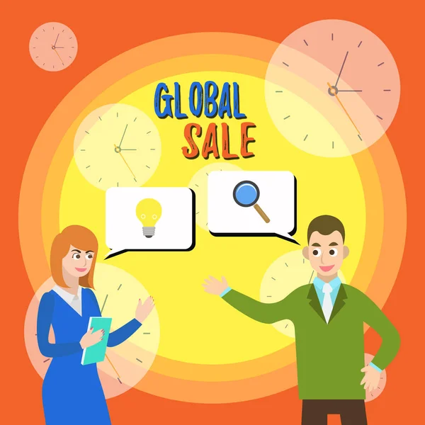 Text sign showing Global Sale. Conceptual photo analysisagers operations for companies do business internationally Business Partners Colleagues Jointly Seeking Problem Solution Generate Idea.