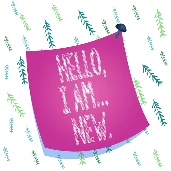 Handwriting text Hello I Am New. Concept meaning introducing oneself in a group as fresh worker or student Curved reminder paper memo nailed colorful surface stuck blank pin frame.