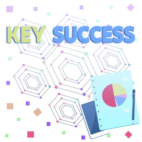 Word writing text Key Success. Business concept for generally three to five areas that company may focus on Layout Smartphone Off Ballpoint Pen RingBound Notepad Business Pie Chart.