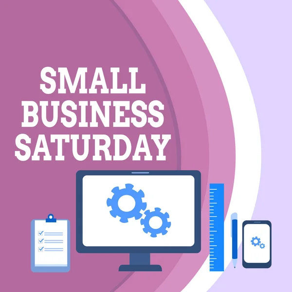 Conceptual hand writing showing Small Business Saturday. Business photo text American shopping holiday held during the Saturday Business Concept PC Monitor Mobile Device Clipboard Ruler. — Stock Fotó