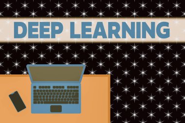 Kelime yazma metni Derin Öğrenme. Hiyerarşik Soyutlamalar yapay zeka algoritması Üst görüş ofis çalışma yeri dizüstü ahşap masa akıllı telefon tarafı yalan için iş konsepti.