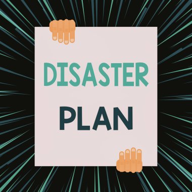 Felaket Planı yazma el yazısı metin. Kavram anlamı Acil Hazırlık Survival ve İlk Yardım Kiti Iki el geometrik arka plan tasarımı aşağı büyük boş dikdörtgen tutan yanıt.