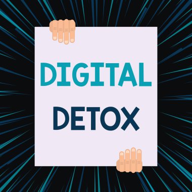 Dijital Detoks yazılı el yazısı metin. Geometrik arka plan tasarımında büyük boş dikdörtgen tutan Iki elin Yeniden Bağlanması için Elektronik Cihazlardan ArındırMa Kavramı.