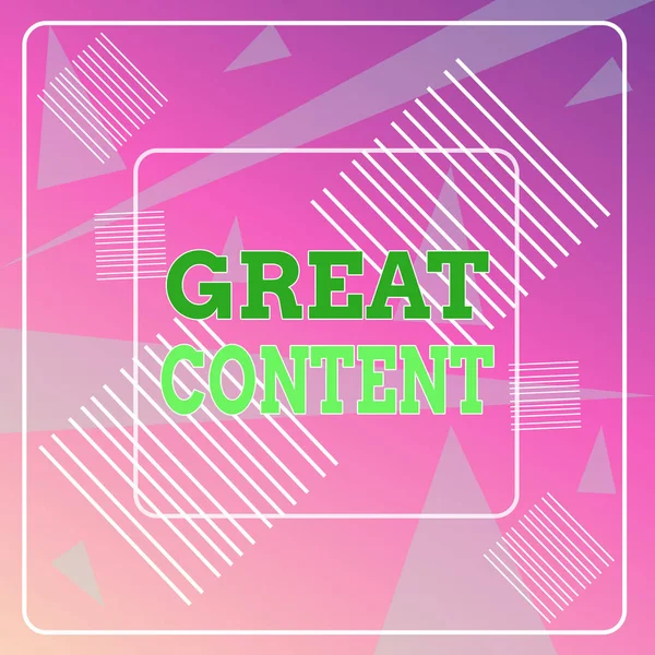 Word writing text Great Content. Business concept for Satisfaction Motivational Readable Applicable Originality Geometric Background Pastel Pink 12 Dash Squares SemiTransparent Triangles.