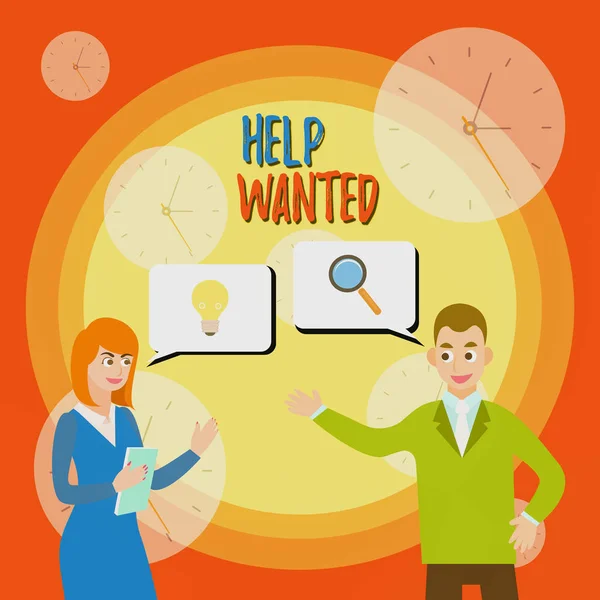 Text sign showing Help Wanted. Conceptual photo advertisement placed in newspaper by employers seek employees Business Partners Colleagues Jointly Seeking Problem Solution Generate Idea.