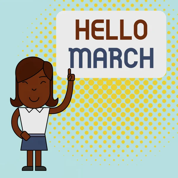 Conceptuele hand schrijven toont Hello March. Zakelijke foto tekst muzikale compositie meestal in maat of quadruple met Beat vrouw staande met verhoogde linker wijsvinger wijzend op vak. — Stockfoto