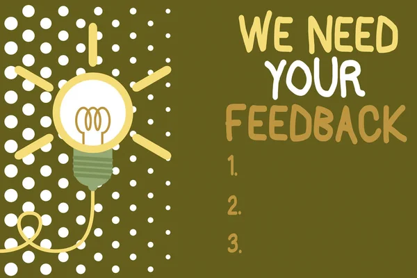 Текст для написания слов We Need Your Feed. Бизнес-концепция для критики дано сказать, что можно сделать улучшение Большая идея лампочка. Успешная поворотная идея изобретения инновации. Мбаппе . — стоковое фото