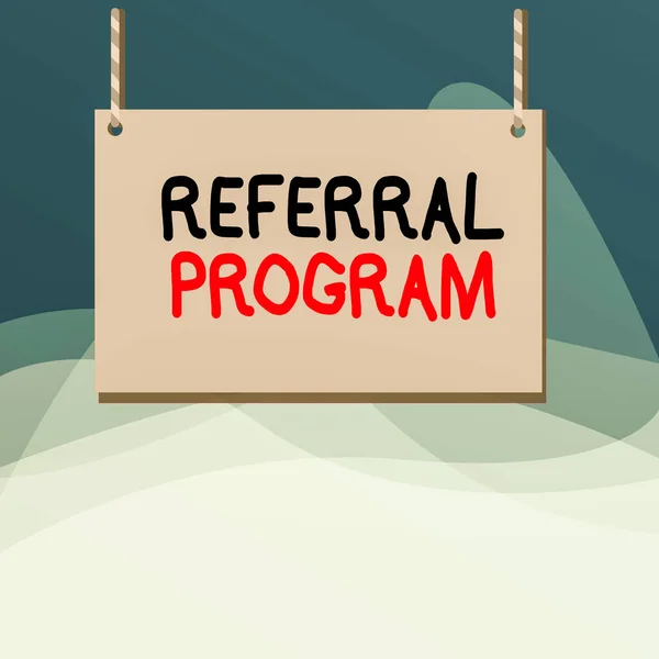 Writing note showing Referral Program. Business photo showcasing employees are rewarded for introducing suitable recruits Wooden board wood empty frame fixed colorful striped string.