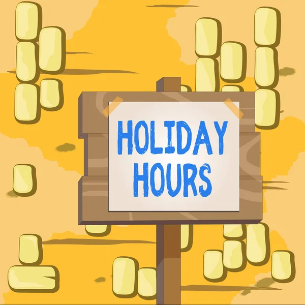 Word writing text Holiday Hours. Business concept for employee receives twice their normal pay for all hours Wood plank wooden stick pole paper note attached adhesive tape empty space. — Stock Photo, Image