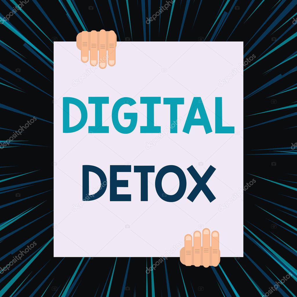 Handwriting text writing Digital Detox. Concept meaning Free of Electronic Devices Disconnect to Reconnect Unplugged Two hands holding big blank rectangle up down Geometrical background design.