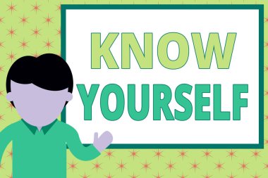 El yazısı metin yazma Kendinizi tanıyın. Kavram anlamı Gücü ve Zayıflıkları Anlayabilirsiniz Kimlik Genç adam projeyi işaret ederek beyaz tahta nın önünde duruyor. fotoğraf Sanat.