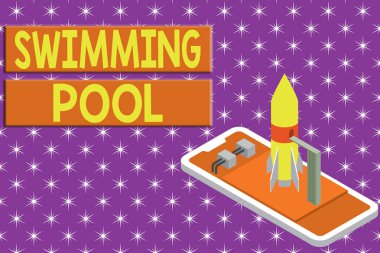 Yüzme Havuzu'nu gösteren bir not yazıyorum. İş fotoğraf vitrin Yapısı boş zaman etkinlikleri için su tutmak için tasarlanmış roket yalan akıllı telefon başlatmak için hazır. Başlangıç müzakereleri başlayacak.
