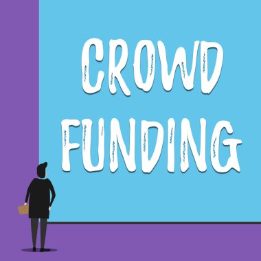 Kitle Fongösteren kavramsal el yazısı. İş fotoğraf vitrin fundraising Kickstarter Startup Pledge Platformu Bağışlar Geri görünümü genç kadın boş büyük dikdörtgen izliyor.