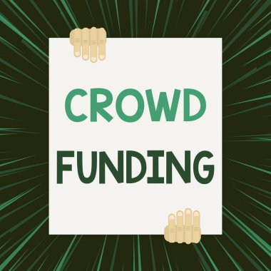 Crowd Funding yazılı el yazısı metin. Kavram anlamı Fundraising Kickstarter Startup Pledge Platform Bağışlar Geometrik arka plan tasarımı aşağı büyük boş dikdörtgen tutan iki el.