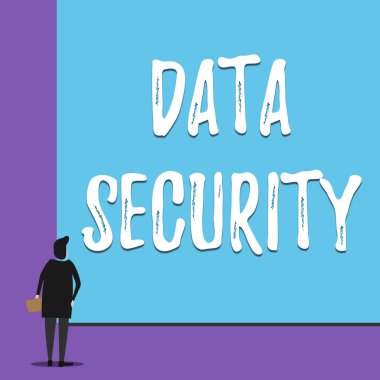 Veri Güvenliğini gösteren kavramsal el yazısı. Gizlilik Disk Şifreleme Yedeklemeleri Şifre Koruma Boş büyük dikdörtgen izleyen genç kadın görünümü gösteren İş fotoğrafı.