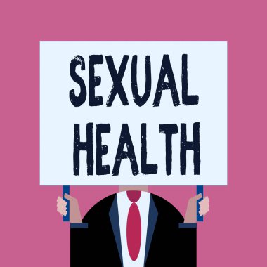 Kelime yazma metni Cinsel Sağlık. Cinsel ilişkiler için olumlu ve saygılı bir yaklaşım için iş konsepti Sadece adam göğüs koyu takım elbise kravat boş büyük dikdörtgen tutan hiçbir yüz giyinmiş.