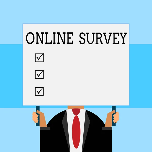 Writing note showing Online Survey. Business photo showcasing Reappraisal Feedback Poll Satisfaction Rate Testimony Just man chest dressed dark suit tie holding big rectangle. — Stock Photo, Image