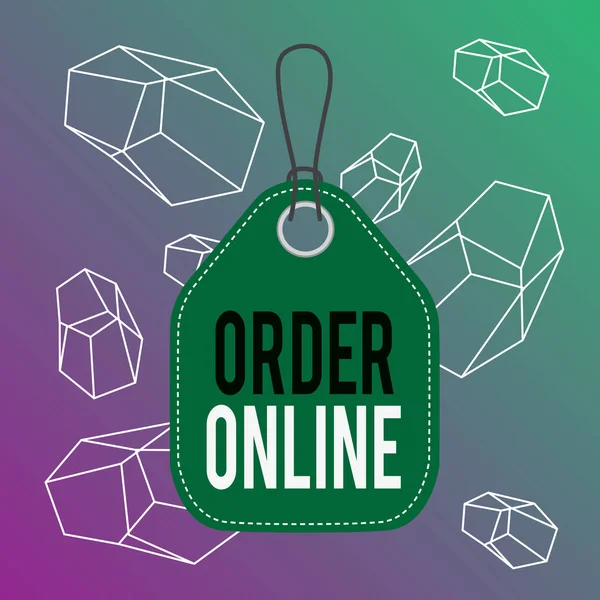 Texto de escritura de palabras Order Online. Concepto de negocio para la compra de bienes y servicios de los vendedores a través de Internet Etiqueta vacía espacio en blanco etiqueta de fondo colorido rectángulo cadena adjunta . — Foto de Stock