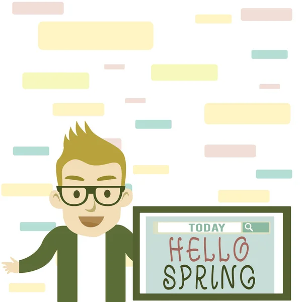 Writing note showing Hello Spring. Business photo showcasing Welcoming the season after the winter Blossoming of flowers Male Speaker Monitor with Search Tool on Screen Presentation or Report. — Stock Photo, Image