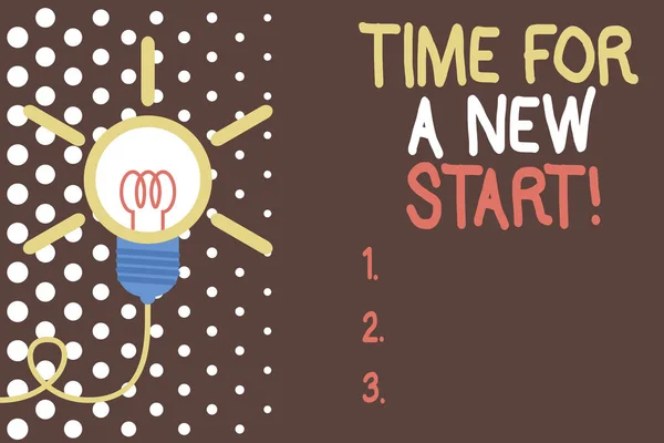 Texto de escrita de palavras Time For A New Start. Conceito de negócio para algo é suposto começar agora mesmo Novo trabalho Lâmpada de grande ideia. Inovação de invenção de ideia de viragem bem sucedida. Inicialização . — Fotografia de Stock