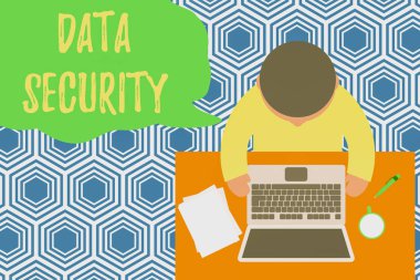 Text sign showing Data Security. Conceptual photo Confidentiality Disk Encryption Backups Password Shielding Upper view young man sitting working table laptop documents coffee cup pen.