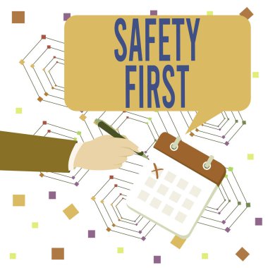 Önce Güvenlik'i gösteren kavramsal el yazısı. İş fotoğraf metin en önemli şey güvenli Resmi Suit Bir Gün Takvim Kırmızı Mürekkep Tükenmez Kalem Kapalı Haçlar olmak olduğunu söylemek için kullanılır.