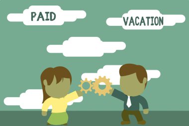 Handwriting text Paid Vacation. Concept meaning Sabbatical Weekend Off Holiday Time Off Benefits Standing young couple sharing gear. Man tie woman skirt commerce relation. clipart