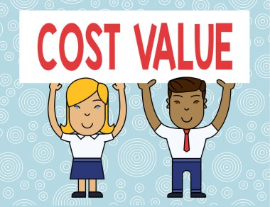 Kelime yazma metni Maliyet Değeri. Satın aldığınız bir öğe için olağan olarak ödenen veya her iki eliyle Büyük Boş Poster Panosu Tutan İki Gülümseyen Kişi Işe miktar için İş konsepti.