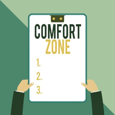 Kelime yazma metin Comfort Zone. Bir güvenli ya da rahat hissediyor bir durum için İş kavramı Kontrol İki yönetici erkek elleri elektronik cihaz geometrik arka plan tutan var.